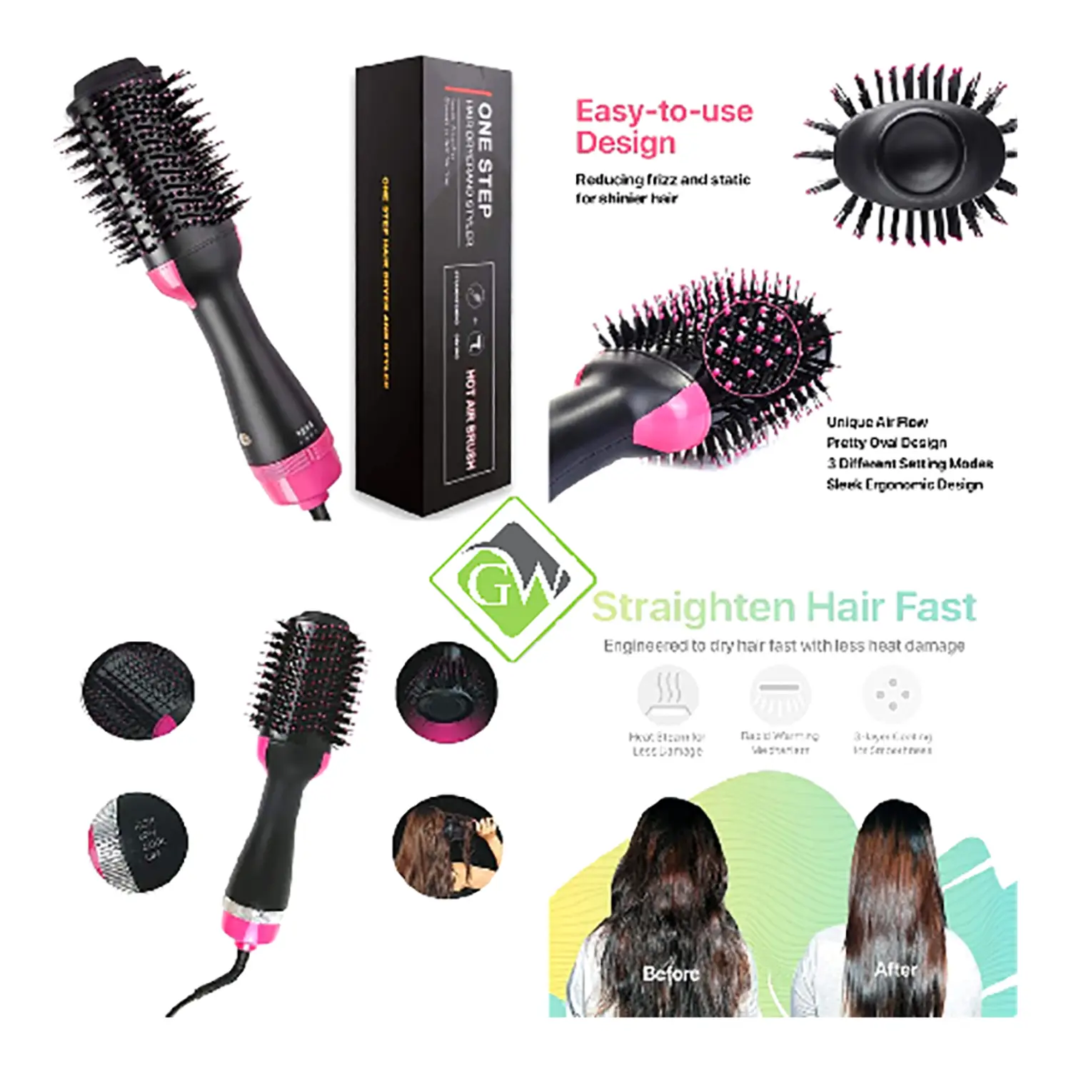 Hot air hair brush for drying, straightening, and volumizing hair Hot air hair brush for drying, straightening, and volumizing hair